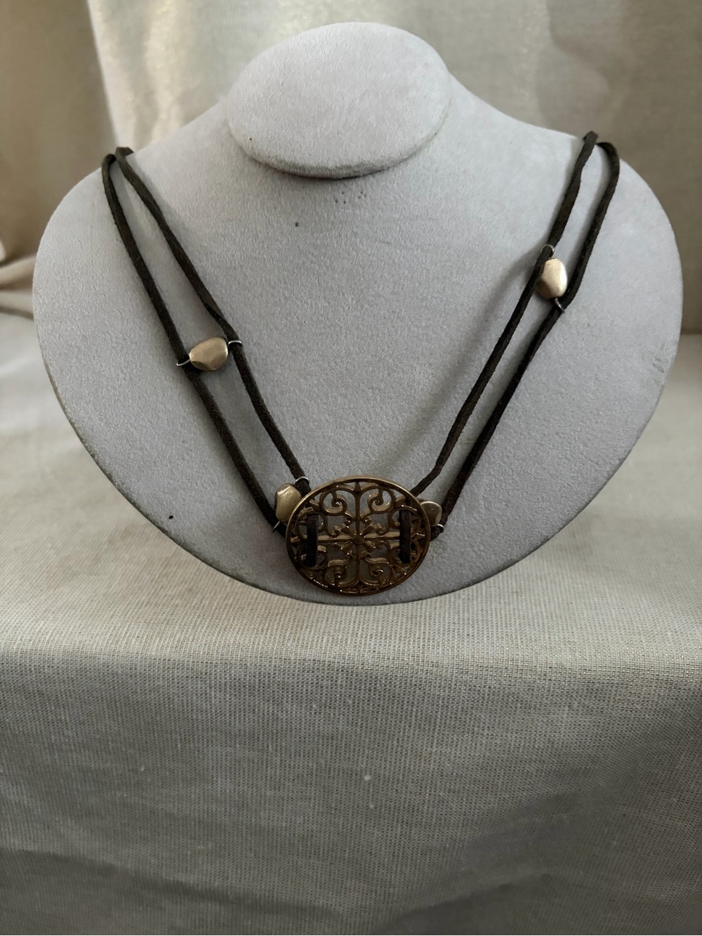 Brown Leather Multi-Strand Necklace with Antique Gold Filigree Pendant